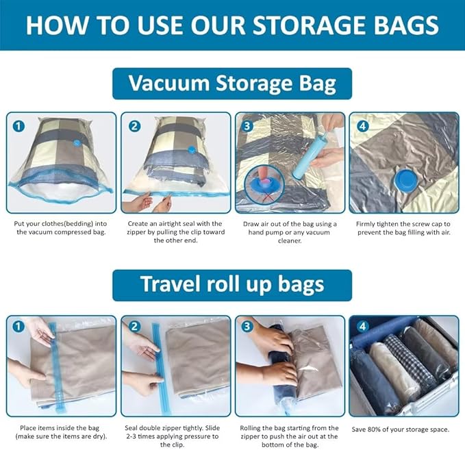 20 Vacuum Storage Bags, Space Saver Bags for Quilts and Blankets (4 Jumbo, 4 Large, 4 Medium, 4 Small, 4 Hand Roll Bags) with Hand Pump