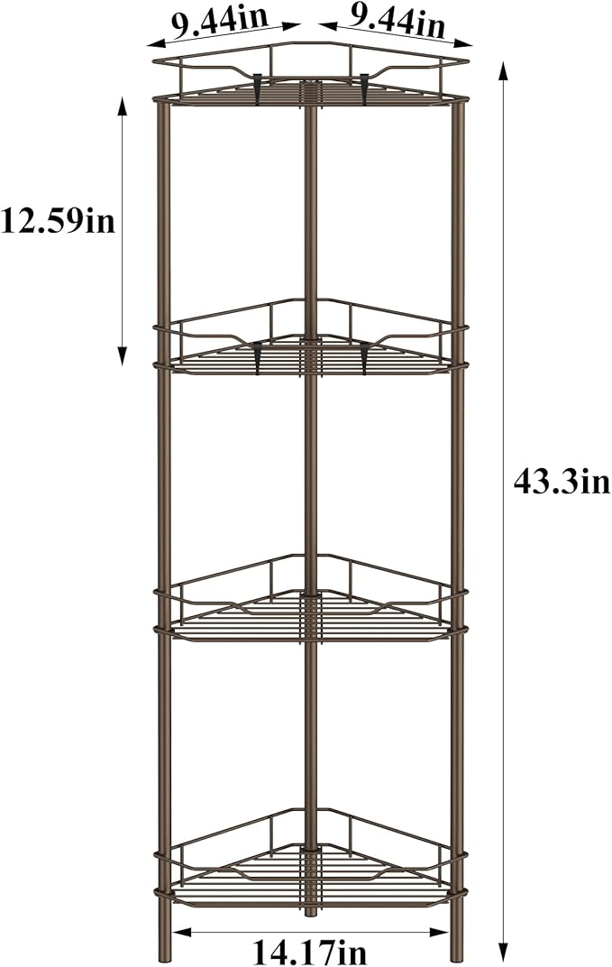 HuggieGems 4 Tier Floor Standing Corner Shower Caddy Organizer Shelf with Hooks, Bathroom Shelves Stand Rack, Bronze