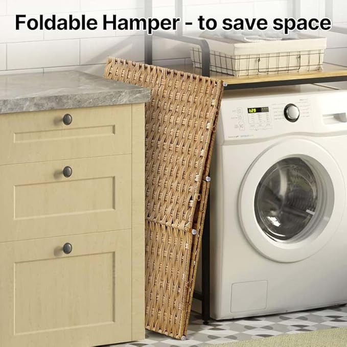 Greenstell Laundry Hamper with lid, No Install Needed, 130L Wicker Laundry Baskets Foldable 2 Removable Liner Bags, 2 Section Clothes Hamper Handwoven Rattan Laundry Basket with Handles, Natural