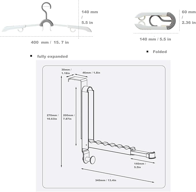 Over The Door Hooks Hanger with Retractable Rod,Foldable Wall Mounted Drying Rack Clothing,with Towel Racks for Coat Clothes Laundry Bathroom Bedroom Travel Hangers (1pcs Hooks+2pcs Foldable hanger)