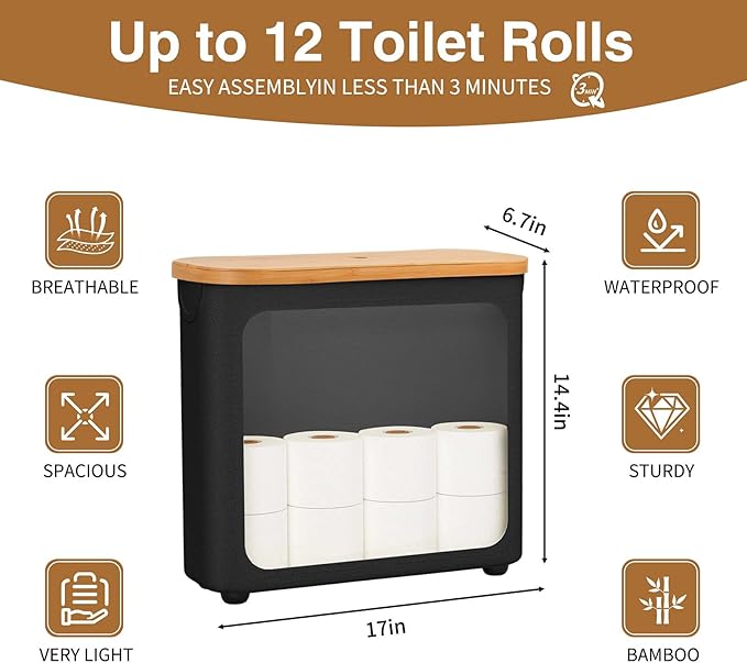 Toilet Paper Storage with Bamboo Lid,Foldable Basket Organizer for Bathroom, Holds 9 Mega/12 Regular Rolls, Waterproof Toilet Paper Holder Storage with Non-Slip Base,Black