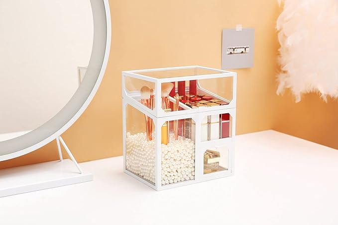 MOOCHI White Vintage Glass Cosmetic Multifunctional Makeup Organizer with Pearls Dustproof Cosmetics Storage Display Case For Brushes Lipsticks