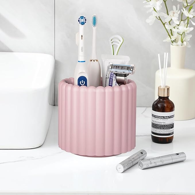 Anyoifax 360 Rotating Makeup Brush Holder 7 Slots Make Up Brush Organizer Removable Spinning Cosmetic Brushes Storage Pen Holder for Vanity, Dresser, Desk, Pink