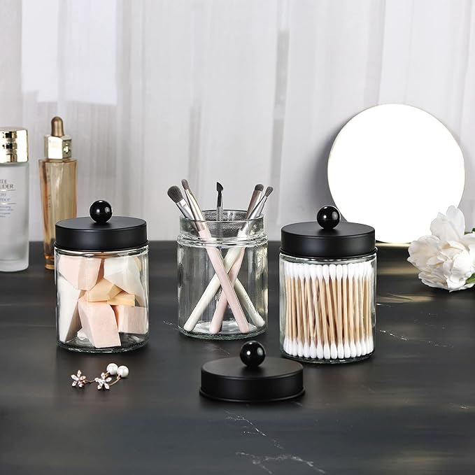3 Pack Apothecary Jar Canisters Bathroom Vanity Organizer - Qtip Holder Storage Organizer Set Countertop Canister with Stainless Steel Lids &Cute Stickers for Qtips,Cotton Swabs,Makeup Sponges,Floss