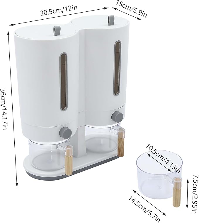 Grain Dispenser, 11 lb. Kitchen Compartment Container Bucket, Airtight Grain Dispenser, Grain Sealer, Flip Top Rice Bucket with Measuring Cups, Large Airtight Dry Grain Storage Container for Cereals