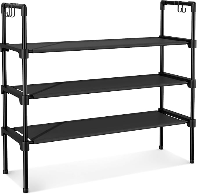 LANTEFUL 3 Tier Shoe Rack for Closet, Shoe Organizer with 5 Hooks, Long Shoe Shelf Storage for Sneaker and Boot Stackable Free Standing Shoe Rack for Entryway, Garage, Small Spaces, Dorm