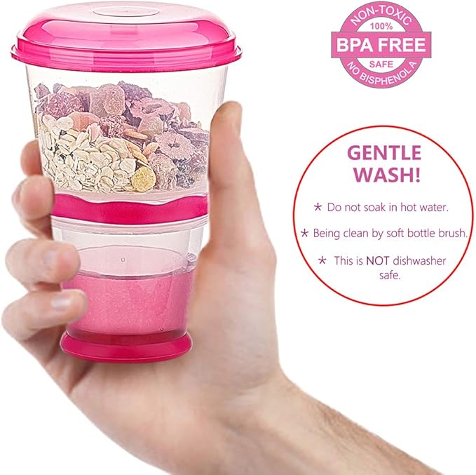 Cereal On the Go Cups Travel-To-Go-Food-Containers Storage with Spoon Breakfast Drink-Cups-Portable (Pink)