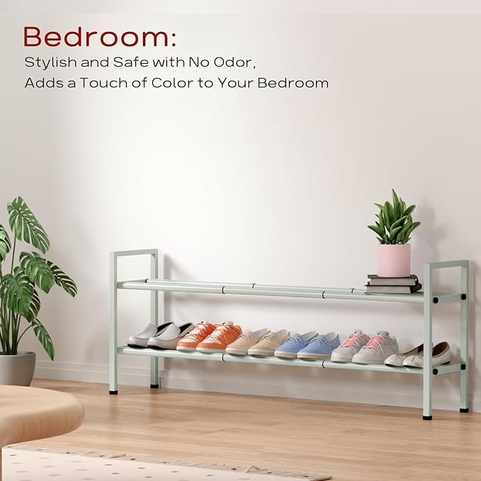 Bumusty 2-Tier Long Expandable Shoe Rack for Closet, 18"-44" Adjustable Shoe Rack for Entryway, 10-12 Pairs Large Shoe Organizer Shelf Storage, Sturdy Metal, Green