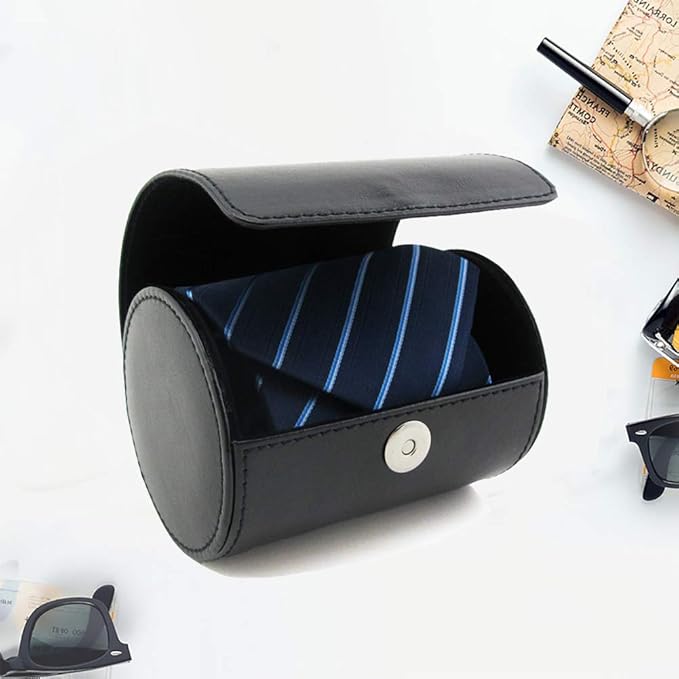 WAJJ Men’s Necktie Travel Case, Tie Anti-Wrinkle Organizer Box - Formal Cylinder Shape (Black)