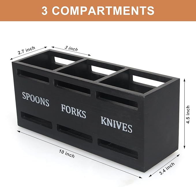 Ayiaren Wooden Silverware Caddy Flatware Cutlery Holder Wood Silverware Organizer Containers Small Black Kitchen Utensil Holder for Countertop Spoon and Fork Holder Flatware Utensils Caddy for Party