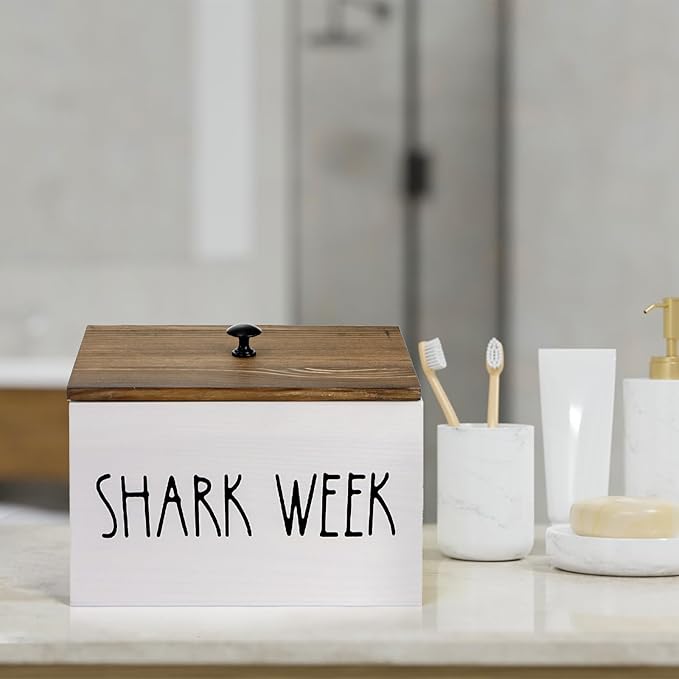 Hacaroa Tampon Holder for Bathroom, Shark Week Tampon Storage Organizer with Lid, Farmhouse Rustic Wood Pad Container Feminine Product Caddy Box for Bathroom Accessories, Movable Partition