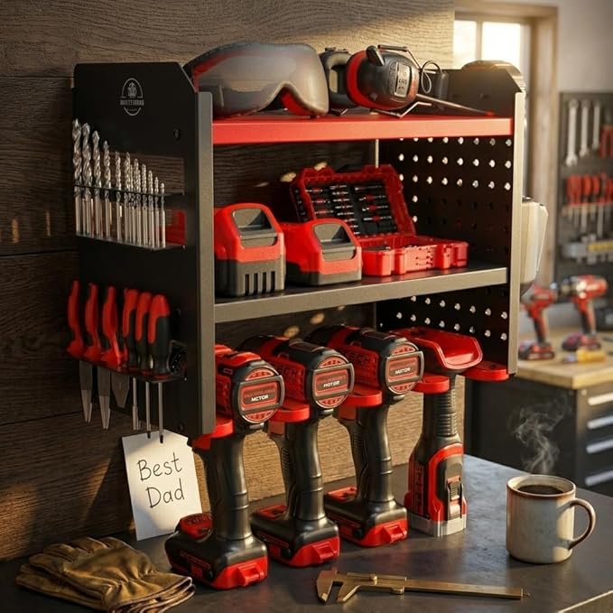 BUILTSTRONG Power Tool Organizer Wall Mount – 3-Tier Heavy-Duty Steel Rack, 4 Drill Slots, Pegboard + Utility Side, 100 lb Capacity – Garage, Workshop & Shed Storage (Red)