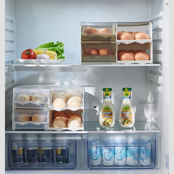 Stackable, Clear Plastic Egg Container with Lid - Rolling Refrigerator Organizer Bins for Eggs