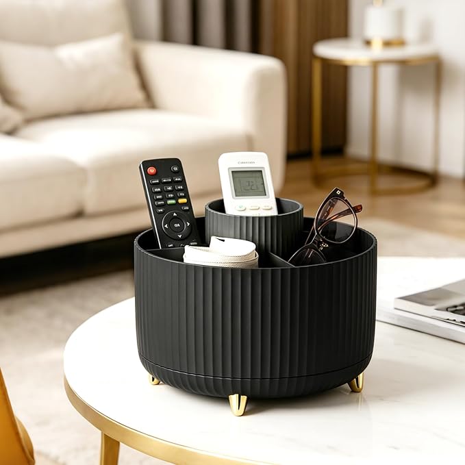 360°Rotating Makeup Brush Holder Organizer, Black Countertop Cosmetic Display Case, Spinning Skincare Storage Carousel for Vanity, Desktop & Bathroom