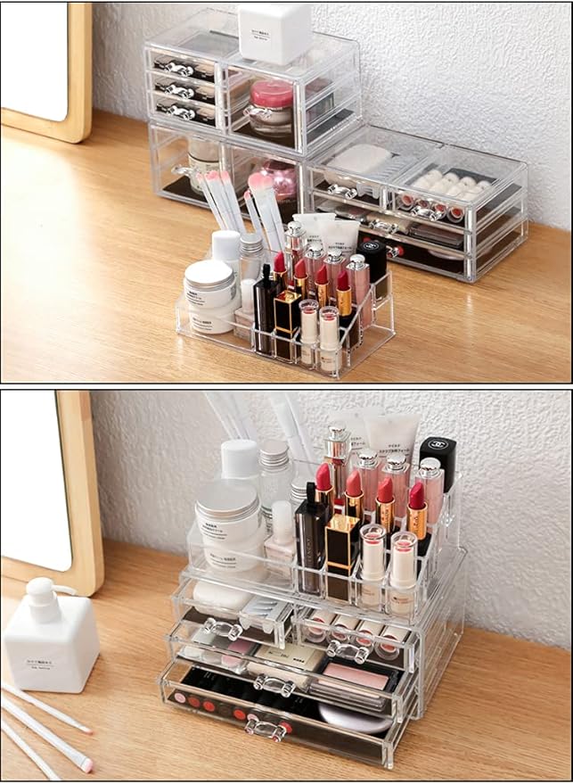 Sooyee Makeup Organizer,Make Up Organizer Stands,Acrylic Makeup Storage 10 Makeup Drawer Organizer for Bathroom, Dresser, Vanity Accessories or Countertop,Clear,4 Pieces Stackable