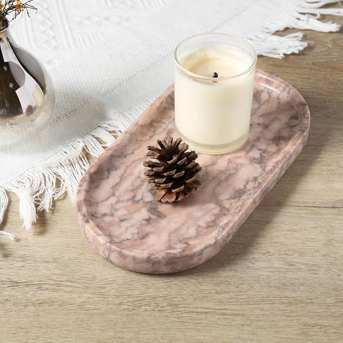 Koville Natural Marble Decorative Tray Stone Plate, 10" x 5" Marble Vanity Tray for Bathroom Countertop Organizer Stone Trays, Catchall Tray for Perfume, Candles, Jewelry (Moca Jade)