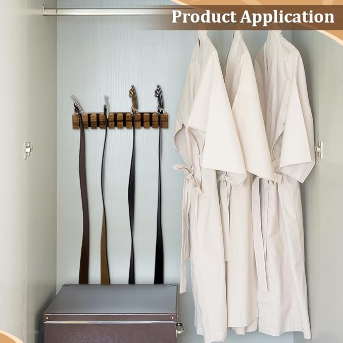 PH PandaHall Belt Organizer, Wooden Belt Holder Wall Mounted Belts Hanger with Slots Space Saving Storage for 10 Belts, Home Bedroom Closet Retail Shop, Camel, 1pc, 10.7x1.5x2.4inch