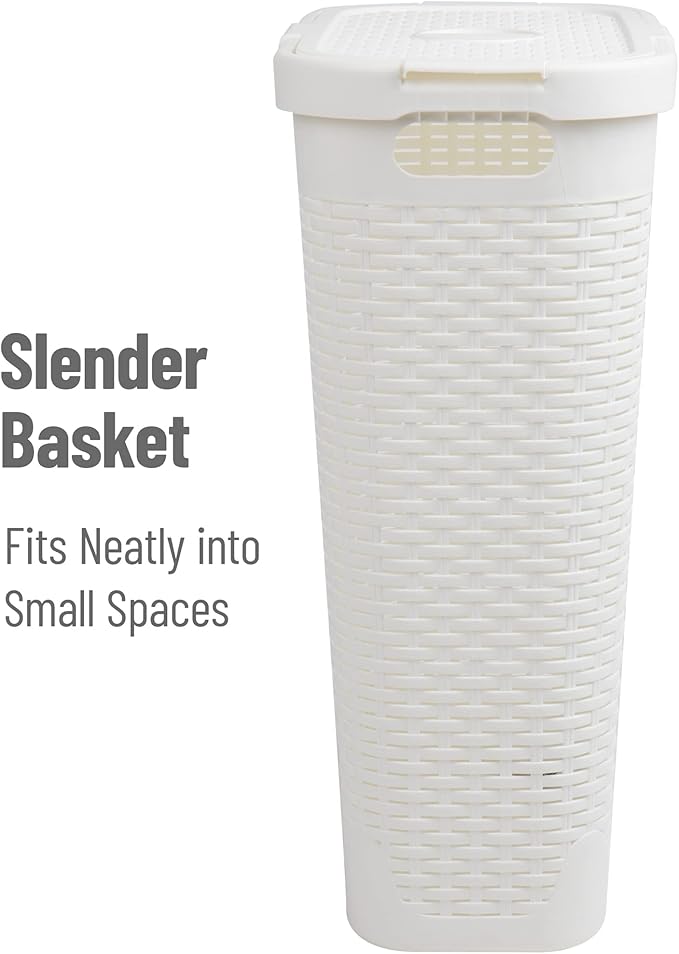 Mind Reader Slim Laundry Hamper with Lid, 40L Clothes Basket, Narrow Tapered Design with Ventilated Cutout Pattern, Plastic, White