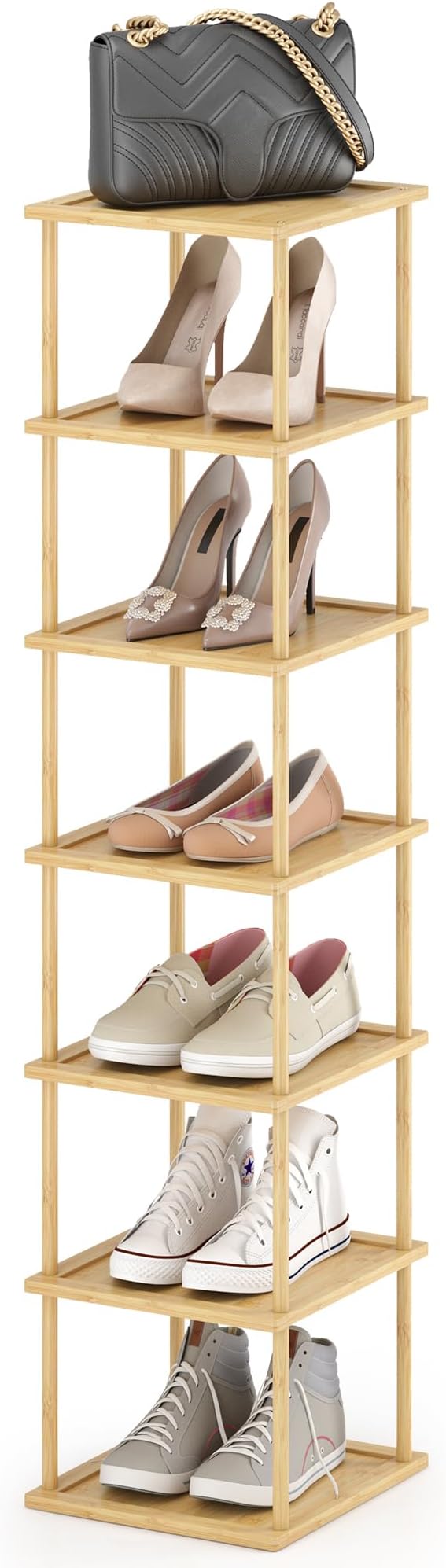 MHXW SXPN Bamboo Free Standing Shoe Rack Shelf Multi Tier Tall Wooden Stackable Shoes Rack Organizer for Closet Front Door Entrance Narrow Vertical Shoe Storage (Bamboo, 7 Tiers)