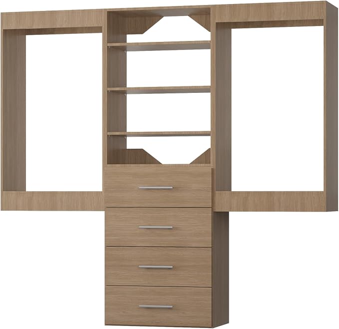 Modular Closet System, 78" Wide Closet Organizer System with Hanging and Drawers, Wood Tower Closet Storage for Walk In Closets, Wall Mounted Wardrobe Organizer Kit System, Bedroom, Wood