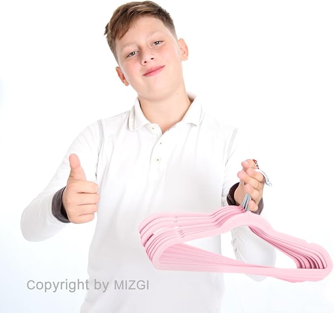 MIZGI Kids Velvet Hangers,Non-Slip Big Kids Hangers,14 Inch Hangers for Youth,Teen Clothes,Pack of 50(Pink/Silver)