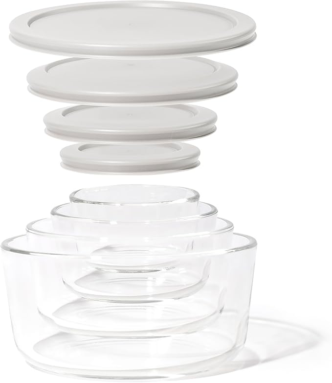 8-Piece Glass Food Storage Containers Set (4 Containers + 4 Lids) | Round, Nesting, Microwave & Dishwasher Safe | BPA-Free, Space-Saving | Grey Lids for Pantry & Kitchen Organization, Grey