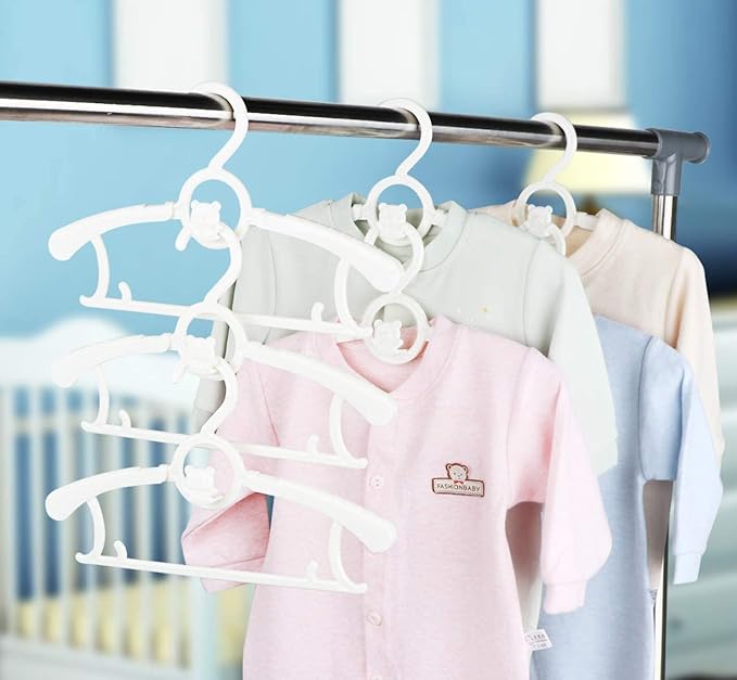 HGYZE Baby Hangers for Closet 20pcs, White Kids Clothes Hanger Plastic, 11-14" Adjustable Bulk Perchas for Newborn, Non-Slip Children Outfit Bear Hanger for Girl Boy Toddler Infant Nursery Clothing