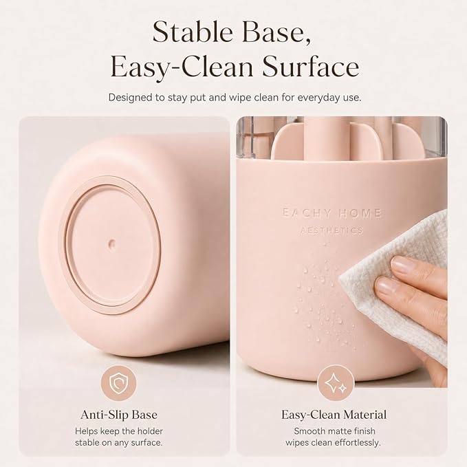 EACHY Makeup Brush Holder 360° Rotating with Dustproof Lid, Waterproof Material, 7 Compartments for Organized Storage, Stylish and Durable Design for Vanity (Pink)
