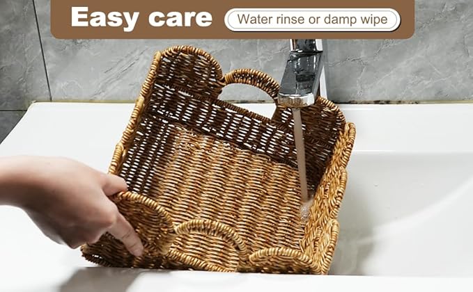 Scalloped Basket Set of 2,Resin Wicker Basket for Organizing and Decor Hand-Woven Wicker Storage Baskets with Built-In Handles for Gifts,Snack,Shelves,Tan