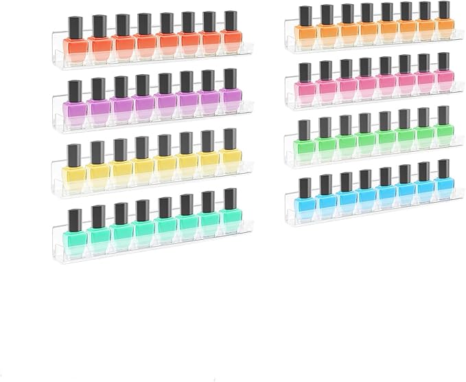 ROYALITA 8-Pack Acrylic Shelves - Nail Polish Organizer Wall Mounted Shelves, Nail Polish Rack with Removable Anti-Slip End Inserts, Nail Polish Holder for Bottles Nail Polish Display & Storage Shelf