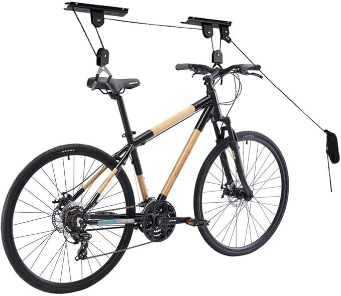 Ihomepark Bike Hoist for Garage Ceiling Storage, Heavy Duty Bicycle Lift Mountain Bicycle Hanging Rack with 3 Pulley and 45 ft Adjustable Rope | 100 lb Capacity