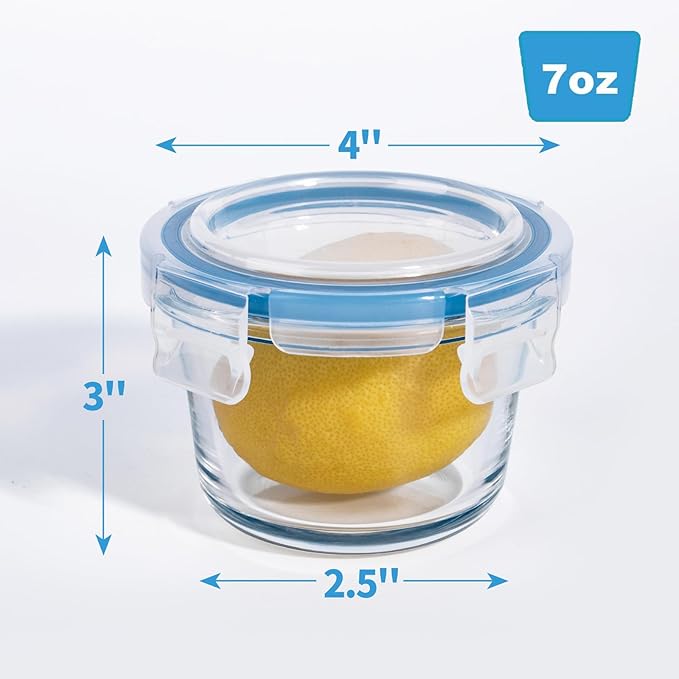 Set of 6 Small Glass Storage Containers, 7 oz Food Containers with No-Spill Lids, Thick Glass Jars for Meal Prep, Baby’s Snacks, Leftovers and Sauces, Dishwasher & Microwave Safe