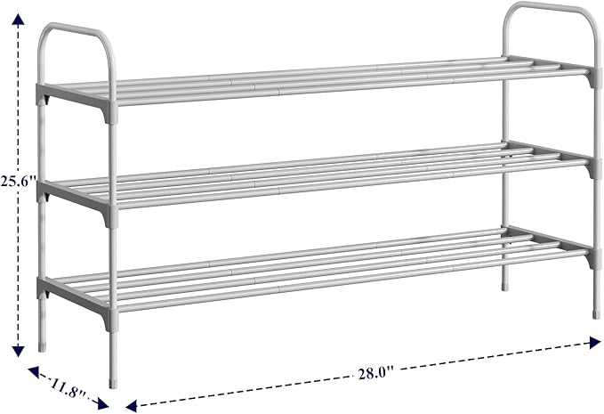 Kitsure Shoe Rack - 3-Tier Space-Saving Shoe Organizer & Shoe Shelf with Handle, Easy Assembly, Sturdy Metal Shoe Rack for Closet, Entryway, Bedroom, 28.0" x 11.8" x 25.6", Grey