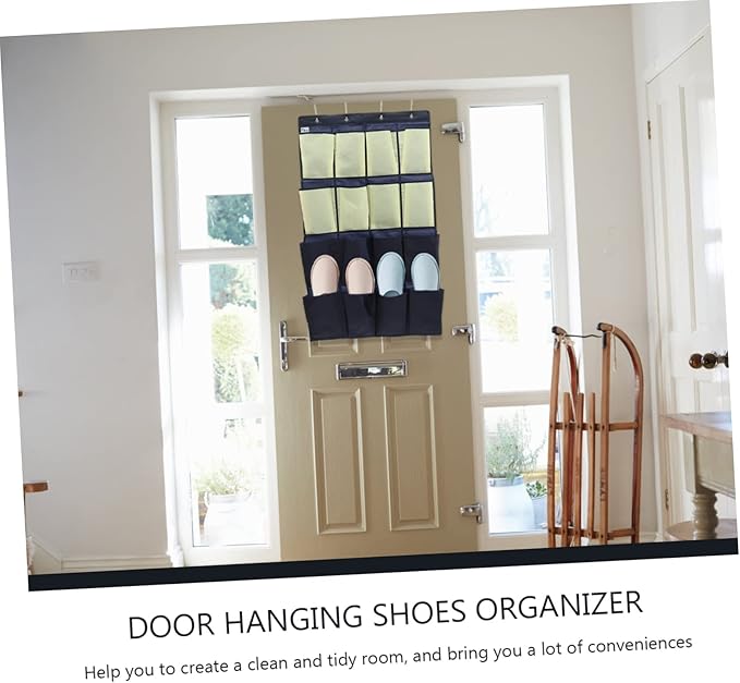 UKCOCO Over the Door Shoe Organizer Bag Multi Pouch Hanging Storage for Shoes Clothes and Daily Essentials Oxford Wall Mounted Holder for Closet and Bedroom Blue and Yellow