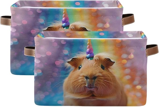 Large Storage Basket Rainbow Guinea Pig Unicorn Storage Bin Cube Canvas Fabric Organizer Handles Collapsible for Clothes Toys Bedroom Decorative