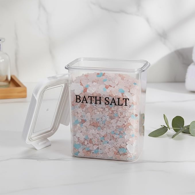 61 oz Bath Salt Jar, Plastic Bath Salt Container with Scoop, Airtight Storage with Locking Lids, Stackable Clear Canister for Epsom Salt, Bathtub Accessories
