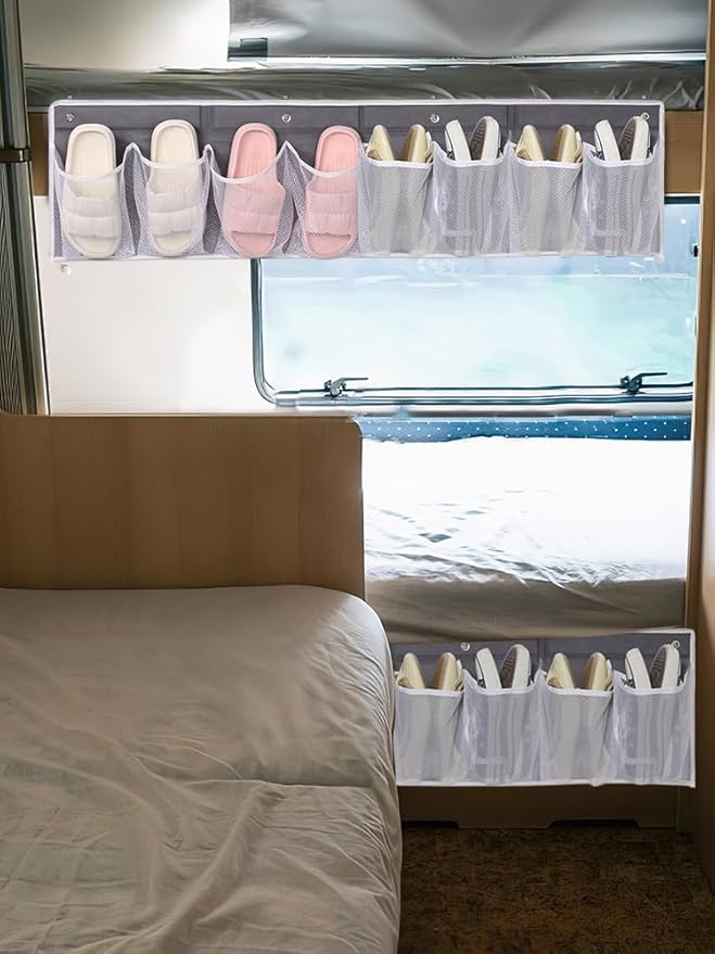 2 Pack Bedside Hanging Shoe Organizers, 8 Large Mesh Pockets with 4 Hooks Shoes Boots Organizer, RV Shoe Storage Pockets Space Saving, Closet Organizers for Caravan Bathroom Bedroom Closet