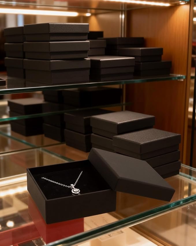 Rocutus Jewelry Gift Boxes for Necklace, Earring, Ring - Cotton Filled Cardboard Paper Jewelry Box Gift Cases for Wedding, 12 Pack Engagement, Gift Packaging, Luxury Jewelry Box, Ring Box (Black)