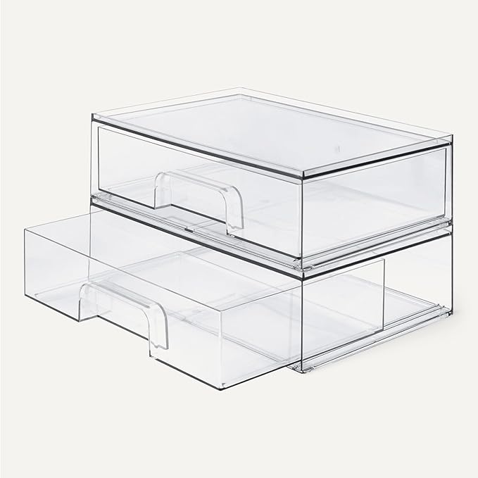 Amazon Basics Stackable Plastic Storage Makeup Organizer Drawers, Clear, 12.1" x 7.6" x 3.5", 2 Pack