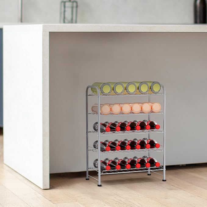 BTY 5 Tier Water Bottle Organizer Small Water Bottle Holder Stand Freestanding Metal Bottled Water Rack Dispenser for Kitchen, Pantry Organization and Storage, Silver