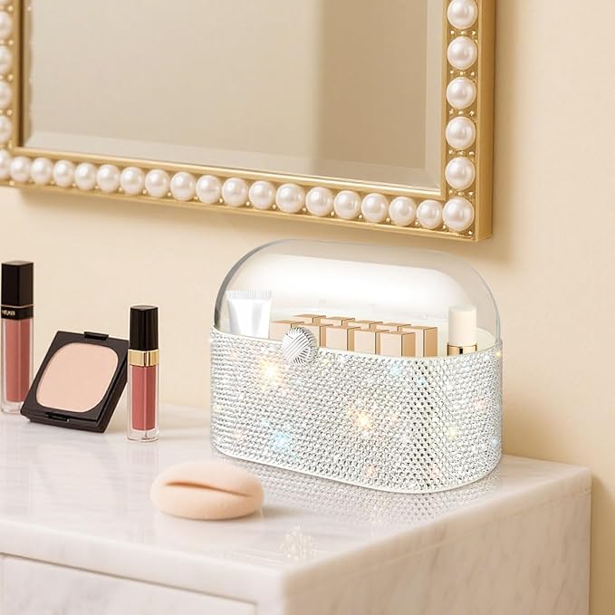 Bling Makeup Organizer with Lid,Shiny Large Capacity Cosmetic Display Case, Easy to Hold Your Makeup Products Lipstick/Makeupbrushes/Eyeliner/Skincare Products