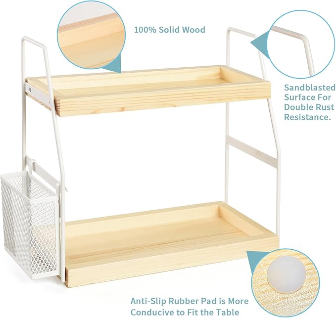 Bathroom Counter Organizer, 2-Tier Standing Storage Shelf with Basket, Wood Tray for Skincare Vanity Organizer(White)