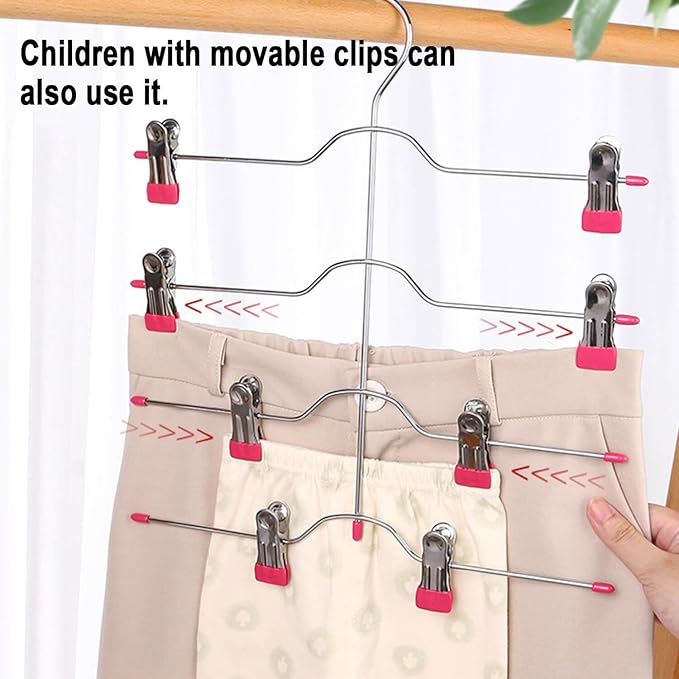 4 Tier Skirt Hangers Space Saving,Metal,Non Slip Closet Organizer and Storage Multi Clothes Shorts Hanger Organization Dorm Room Essentials(Pink 3Pack)