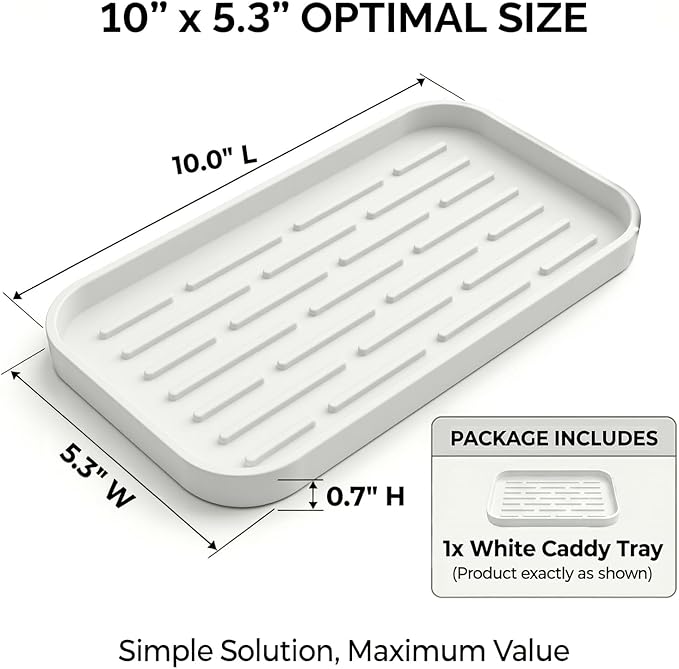 Silicone Organizer Tray, Soap and Sponge Holder for Kitchen Sink, Bathroom - Storage Tray for Dish Brush, Soap Dispenser, Dishwashing Accessories-(White 1 Pack, 10"x5.3")