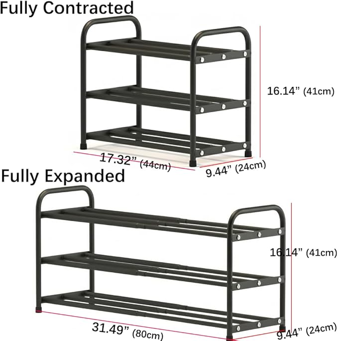 3-Tier Expandable Shoe Rack, 9.4" Ultra-Slim Metal Shoe Shelf for Entryway & Closet, 17.3"-31.5" Adjustable Length, Narrow Space-Saving Shoe Organizer for Dorm, Apartment