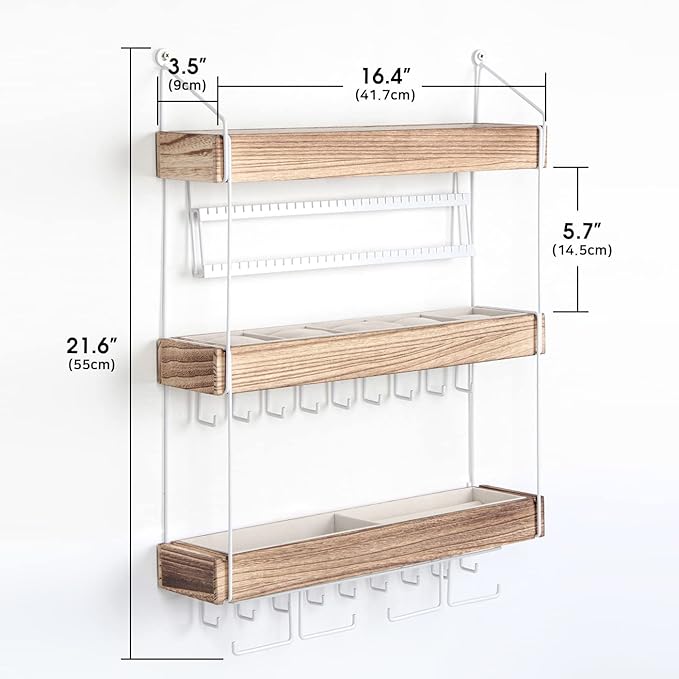 J JACKCUBE DESIGN Wall Mounted 3 Tier Wooden Jewelry Organizer Rack with Accessories Storage Shelf and 18 Metal Earring, Necklace Hooks- MK907A