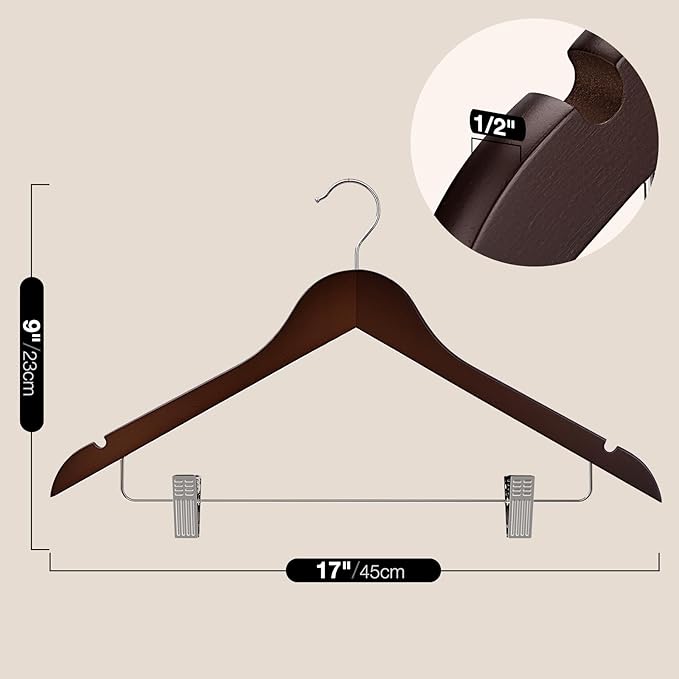 Wooden Hangers with Clips 12 PCS Pant Hangers with Clips,Smooth Solid Wooden Pants Hangers,360 Swivel Hooks & Adjustable Clips,for Jeans,Skirt,Suit,Shorts,Scarf.(Walnut)