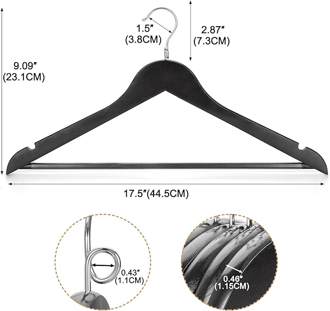 TOPIA HANGER Black Wooden Hangers 30 Pack, Space Saving Coat Hanger with 360° Swivel Cascading Loop Hook, Non Slip Pants Bar and Shoulder Notches for Camisole, Jacket, Suit, Clothes Hangers -CT74B30