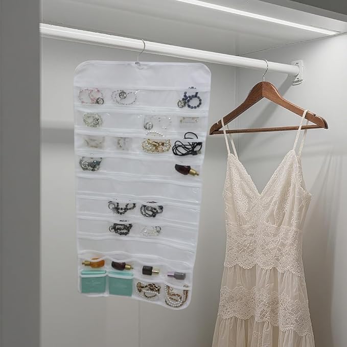 Hanging Jewelry Organizer Pockets Canvas Double Sided Rotating Hanger Necklace Hanging Wall Organizer Jewelry Roll for Earrings, Necklaces,Sunglasses,rings (80-Pocket WHITE)