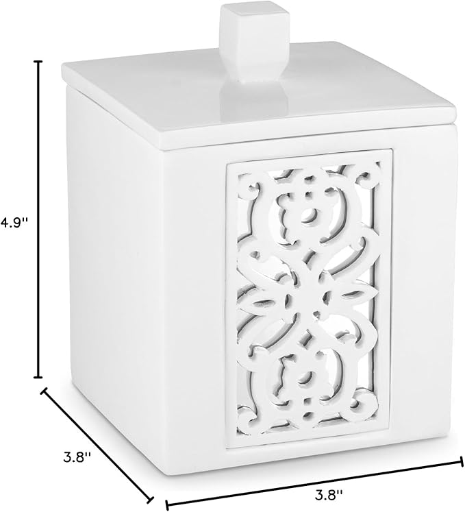Creative Scents Mirror Janette White Qtip Holder With Lid - Decorative Cotton Ball Jar - Durable Cotton Swab Container - Beautiful Bathroom Vanity Accessories - Elegant Bath Storage